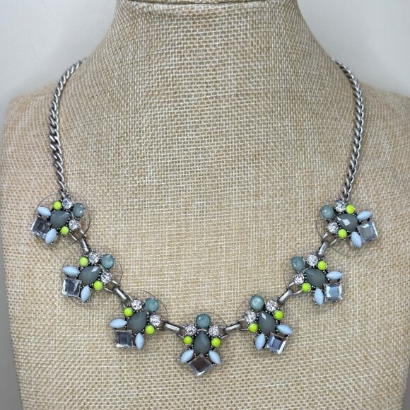Silver-Tone Statement Necklace With Green Yellow & Clear Crystal Floral Accents - Picture 2 of 5